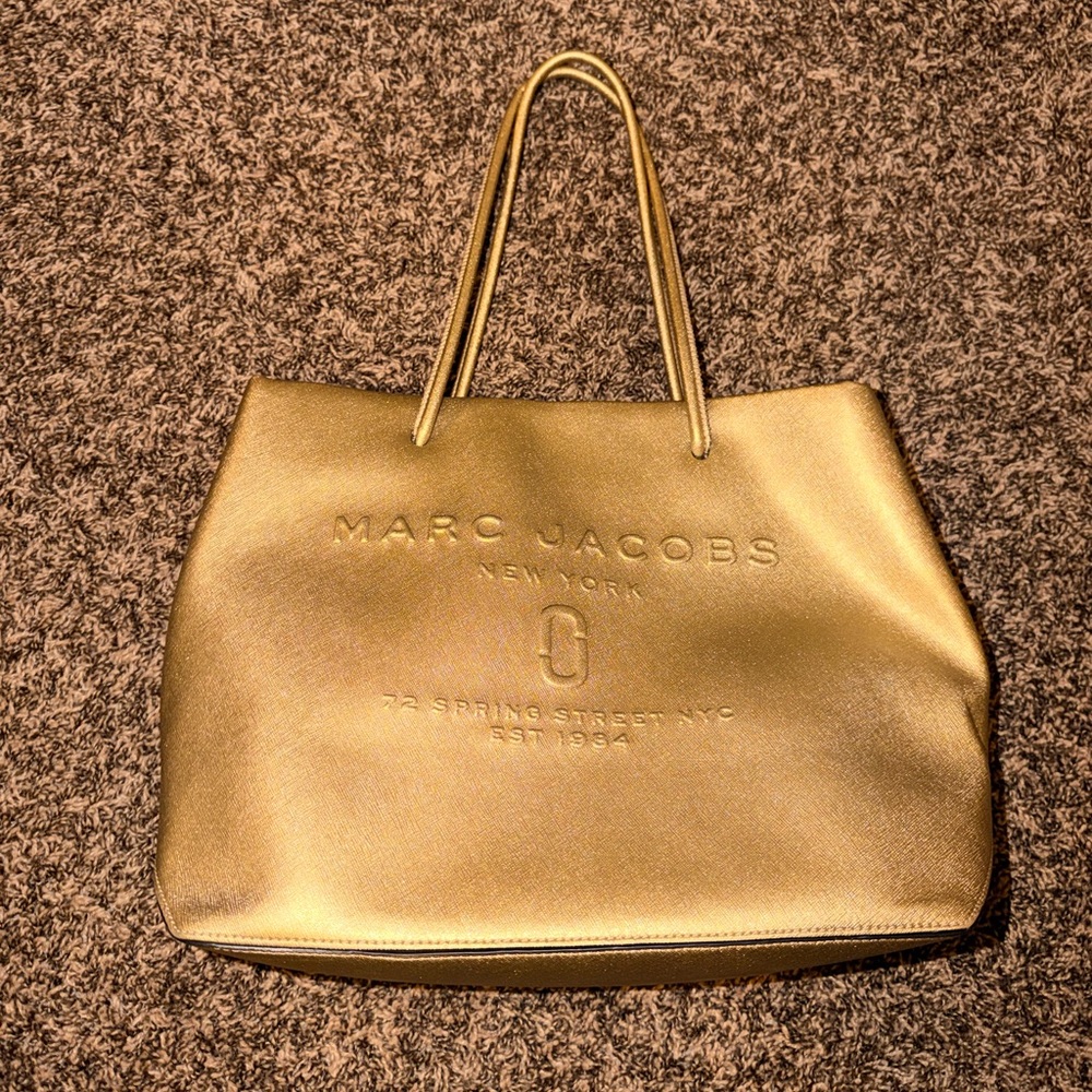 Marc Jacobs Metallic Logo Shopper Gold Leather East West Tote Bag